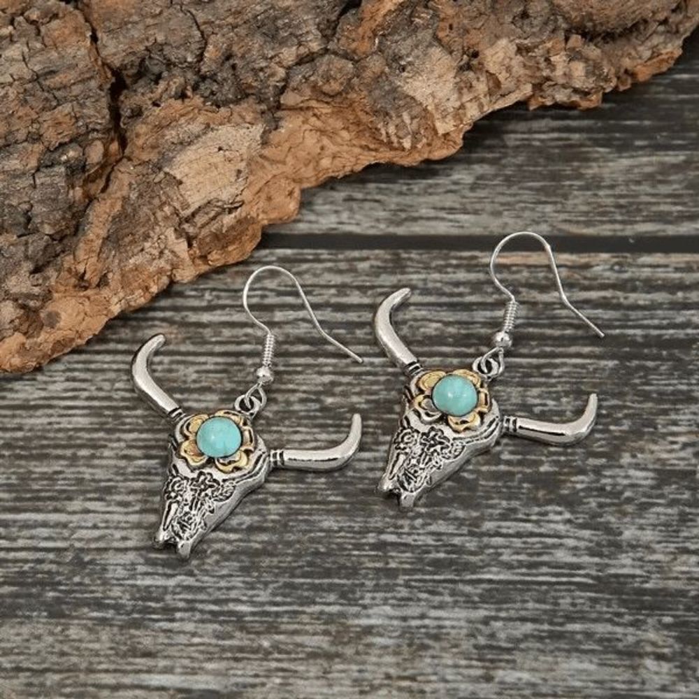 Western Cowboy Turquoise Longhorn Bull Steer Head Dangle Earrings